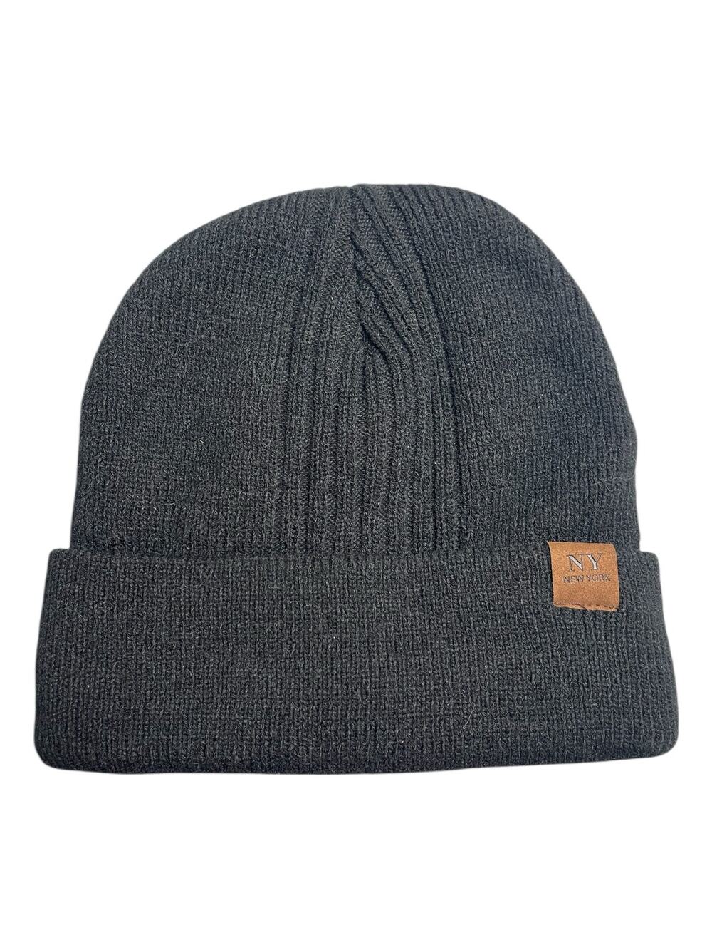 NY New York Women's Black Rib Knit Cuffed Snow Winter Bonnet Beanie Hat One Size
